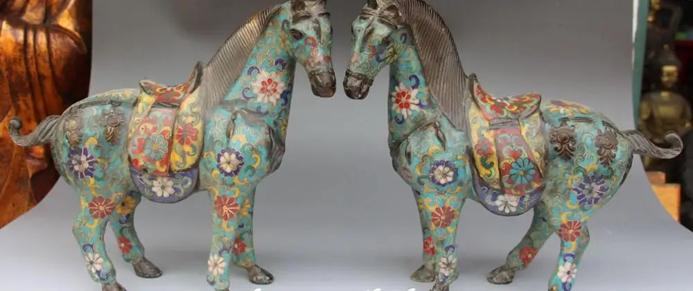 

11"Old Marked Cloisonne Enamel Pure Bronze Tang Horse Horses Animal Pair Statue