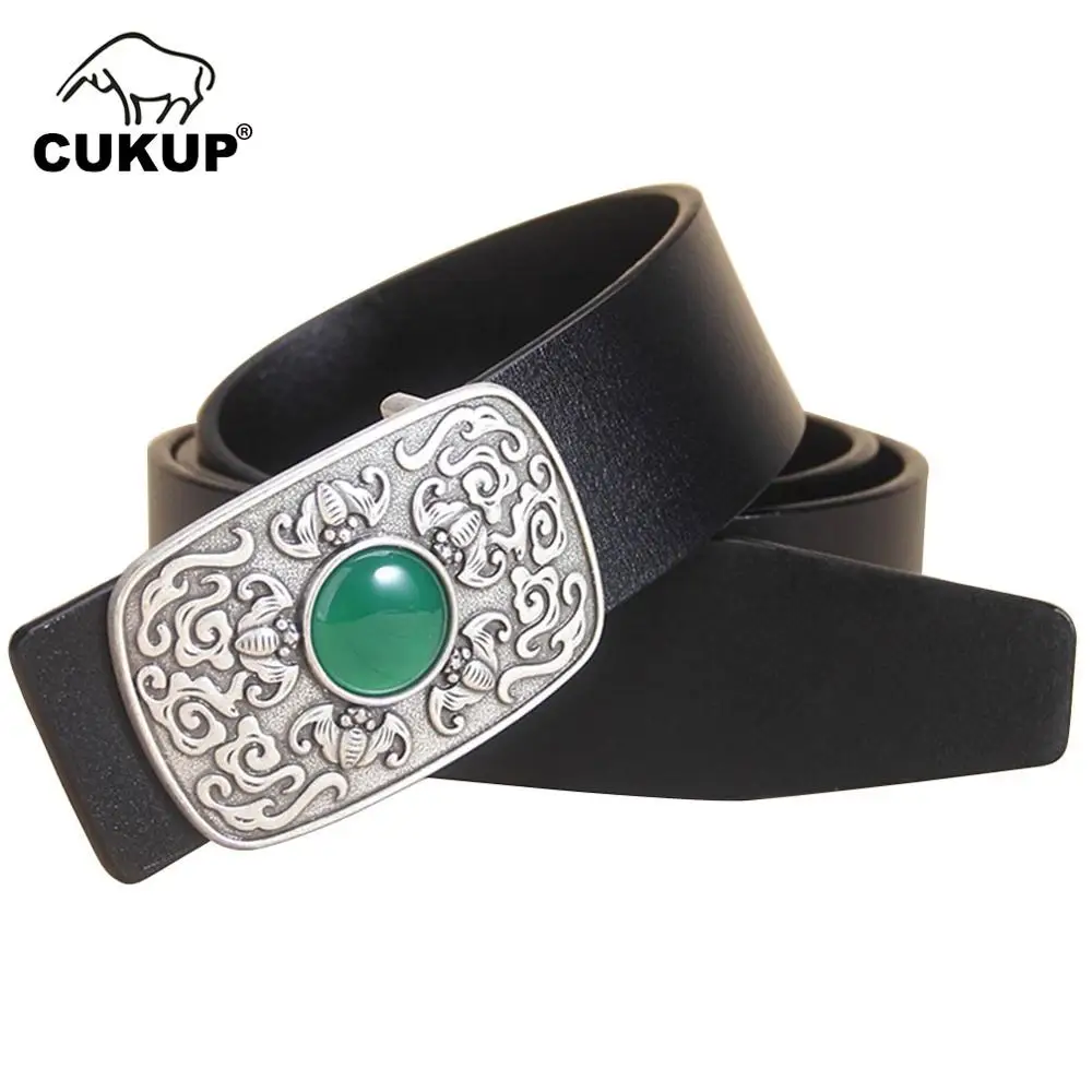 CUKUP Unique Design Men's Jade Decorative Smooth Buckle Metal Belts Cow