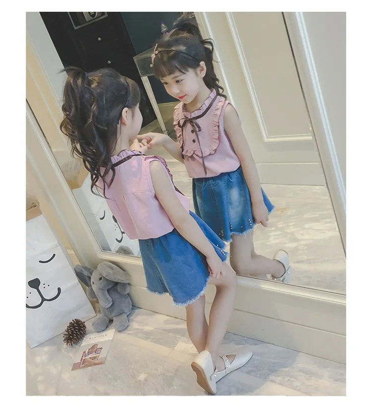 kids girls bowknot ribbon sleeveless shirts  denim short skirts girls clothes suits sets 11