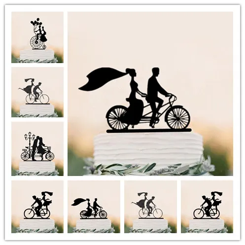 

Mixed Black Acrylic Bicycle Style Wedding Cake Topper Bride & Groom Silhouette Cake Topper