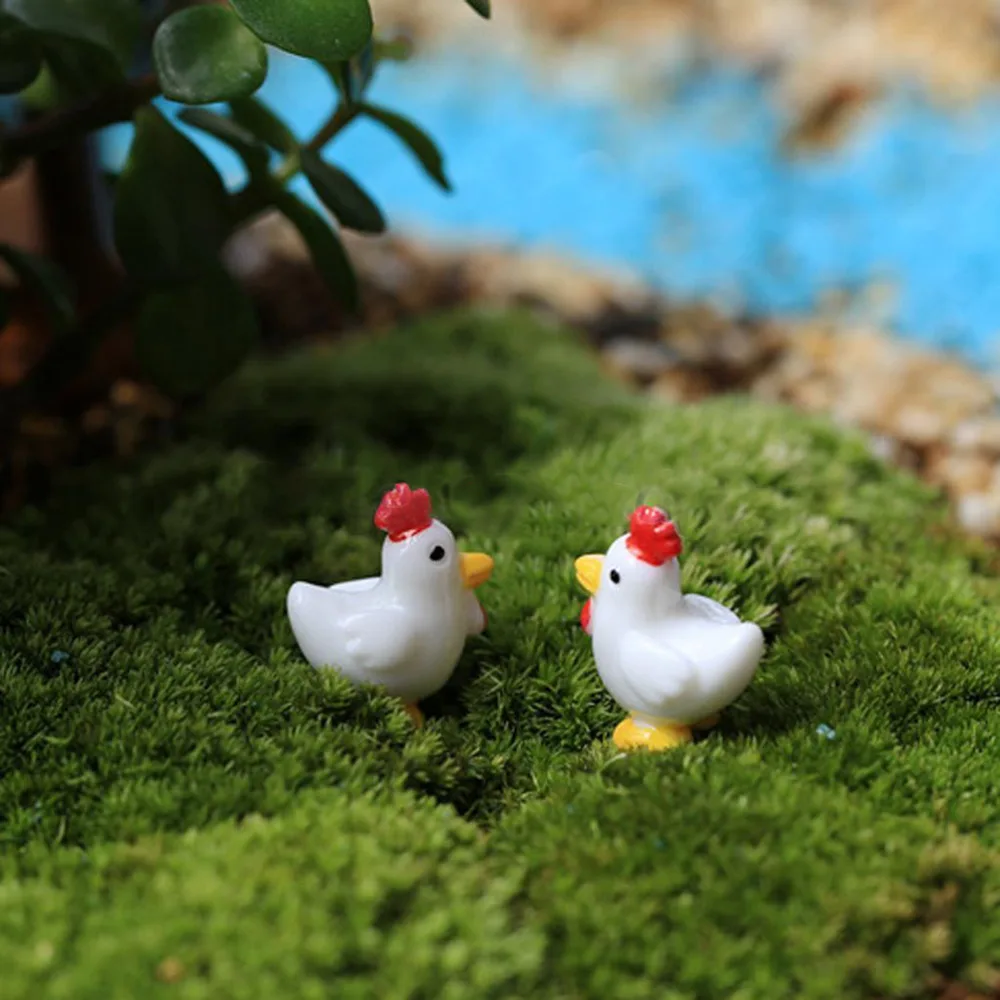 Cute 2pcs Mini Animals Resin Craft Cock Chicken Combination Bonsai