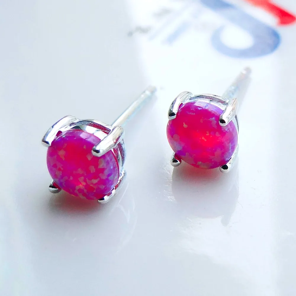 Fine 925 Sterling Silver Ear Stud Earrings Created Pink Fire Opal Ear