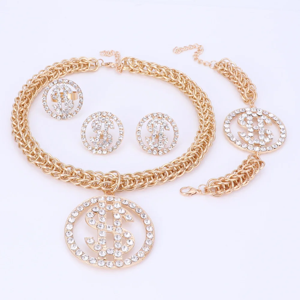 Доллар США деньги ожерелье кулон браслет серьги кольцо Ювелирные наборы золотой цвет цепи для женщин Стразы Вечерние ювелирные изделия