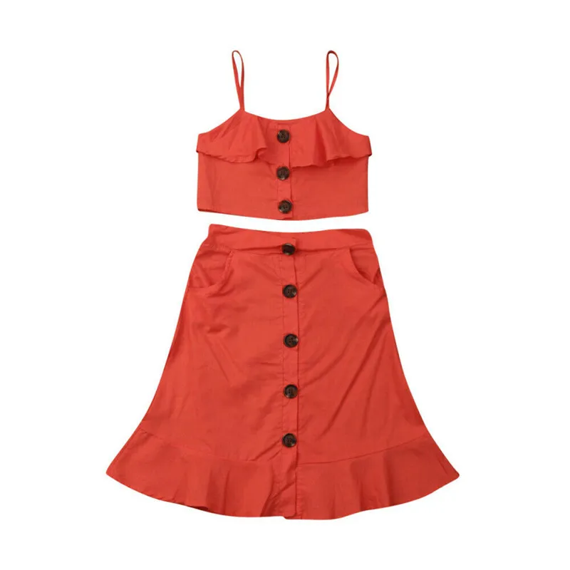 Casual Kids Baby Girls Sets Solid 2Pcs Button Sling Vest Crop Tops+Ruffled Skirts Summer Cotton Clothes Outfits 1-6Y | Детская одежда и