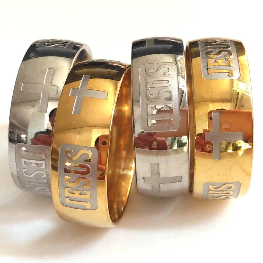 20pcs GOLD SILVER etched JESUS CROSS rings Engrave Men Women Stainless Steel Religious Faith Ring Xmas Gift church Accessories | Украшения