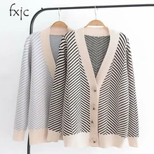 Осень-зима Для женщин Свитер с V-образным вырезом трикотажная одежда свободного кроя в полоску, кардиган, короткий жакет M1019