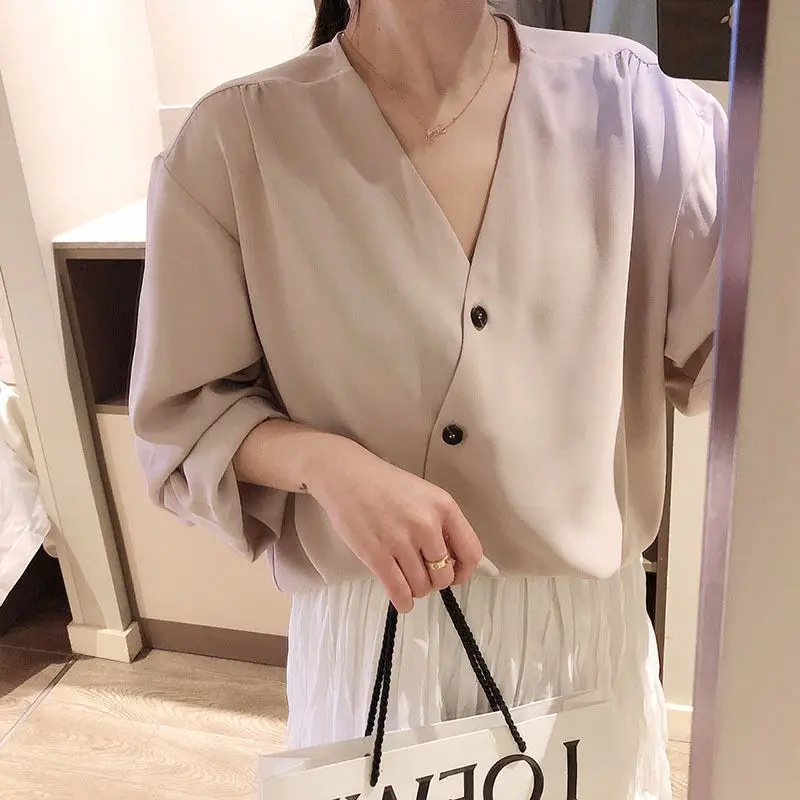 Women Blouse 2019 Spring New Elegant Office Long Sleeve Casual Solid Color V-Neck Shirt Camisas Mujer Womens Tops C5313 |