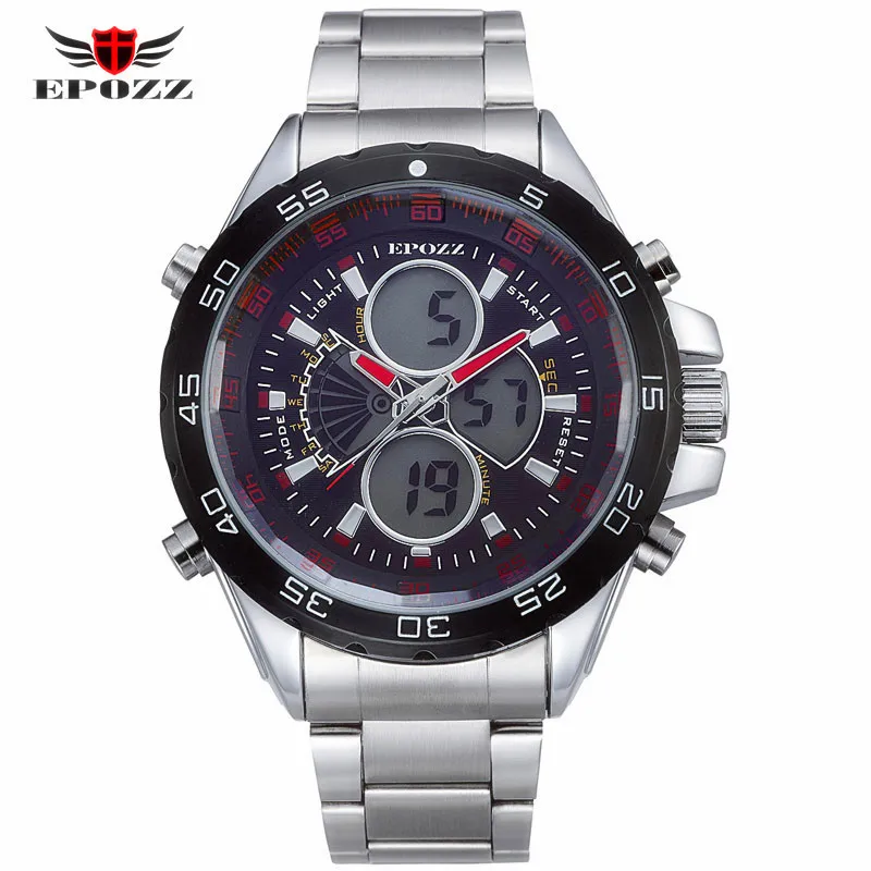 

EPOZZ Brand new quartz watch for men business big full steel silver watches casual fashion LED display waterproof clock 1103