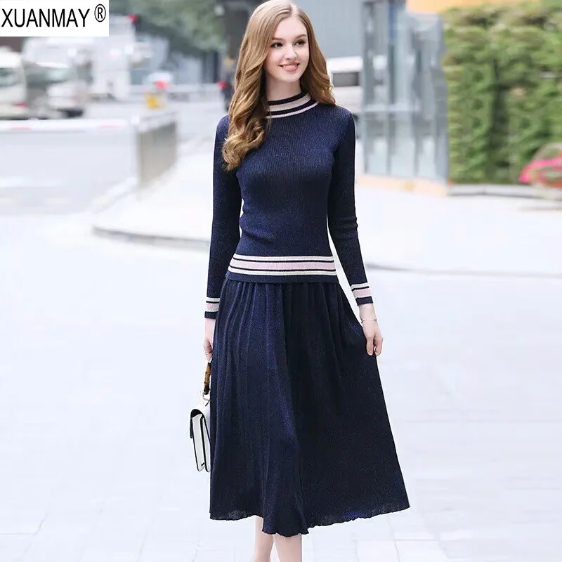 Najtaniej Jesienne bluzki z dzianiny sweter spódnice w górę iw dół dwuczęściowy styl Vintage z długimi rękawami sweter i spódnica jesień garnitur damski