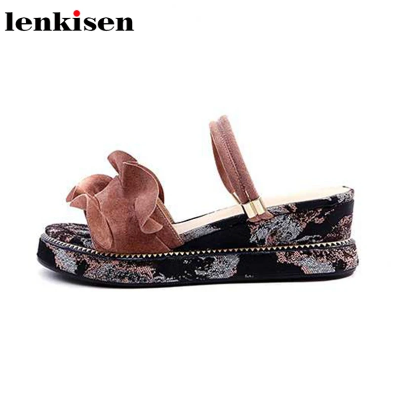 

Lenkisen 2018 new sheep leather increased shoes open toe high heels wedge high street fashion sweet daily wear women sandals l89