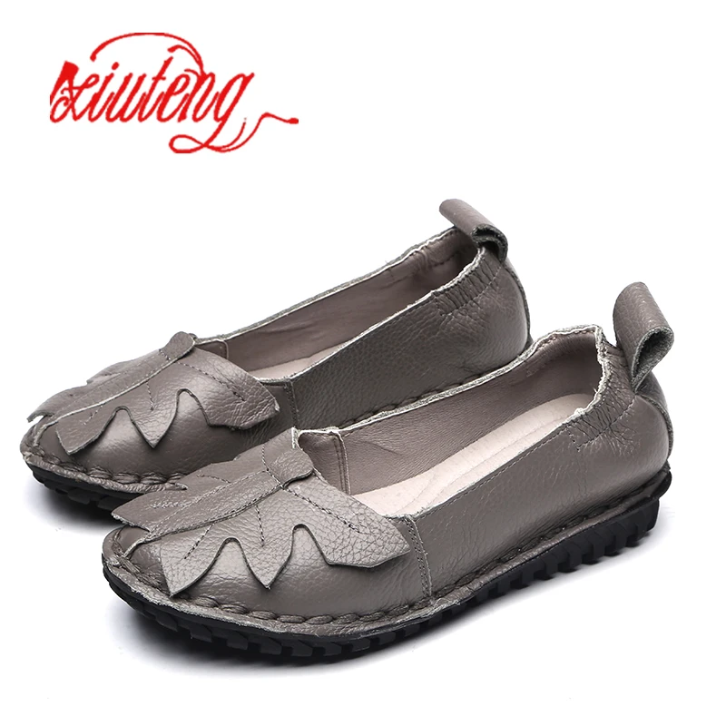 

Xiuteng Autumn Women's Genuine Leather Flats Shoes Fashion Leaf Decoration Leather Casual Comfortable Mother's Flats Non-slip