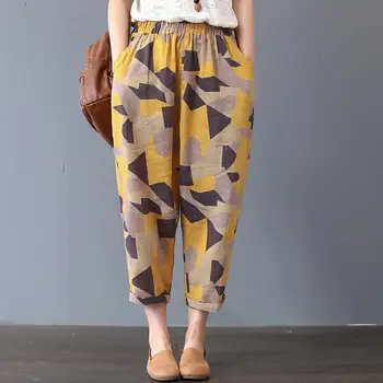 

Yfashion Summer Casual Women Pants Fashion Printing Thin Loose Cotton Linen Trousers Women Casual Nine Trousers Harem Pants