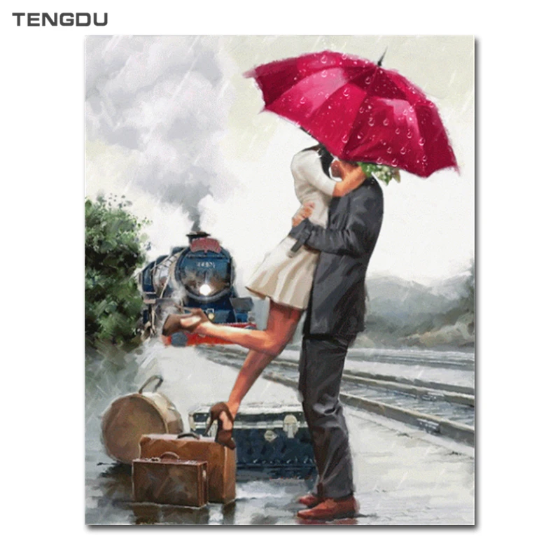 

5D Diy Diamond Embroidered Couple Kissing Train Red Umbrella 3D Photo Full Diamond Painting Mosaic Rhinestone Crafts Gift Decor