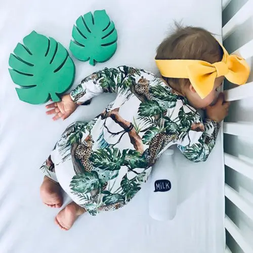 Осень новорожденных одежда для малышей Одежда для девочек животных и елка с длинным рукавом комбинезон+ повязка Leopard Повседневная одежда комплект