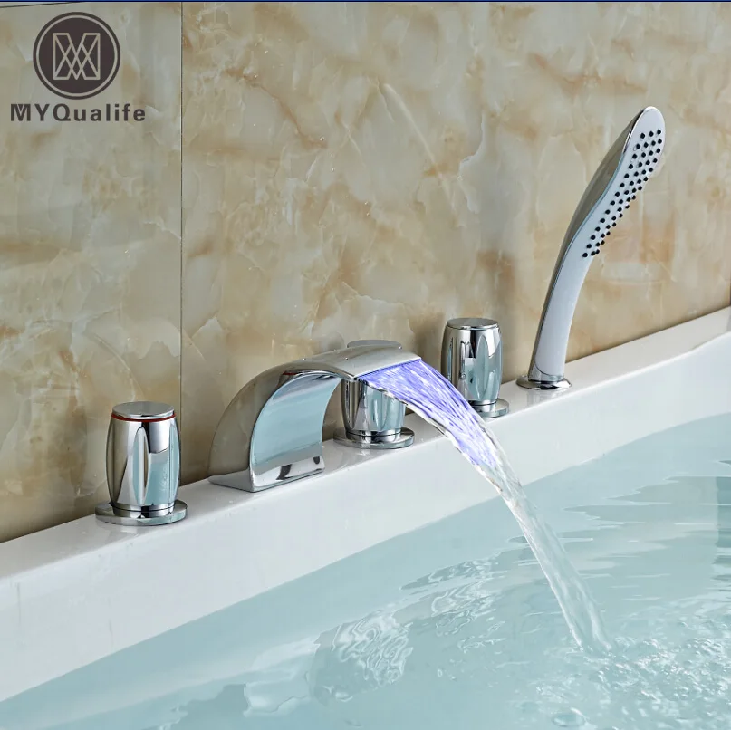 

luxury 3 Color Changing LED Waterfall Bathroom Tub Faucet Deck Mount Bath Shower Mixer Tap ABS Handshower