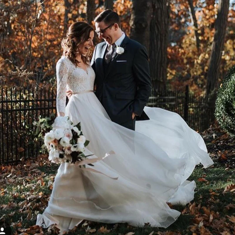 Elegant-A-Line-Bohemian-Wedding-Dresses-V-Neck-Three-Quarter-Sleeve-Ribbon-Belt-Bridal-Dress-Chiffon