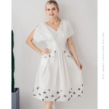 La maxza класса люкс Костюмы белый Платья из хлопка эксклюзивную одежду высокое качество принт Повседневное платье с декольте модная летняя одежда
