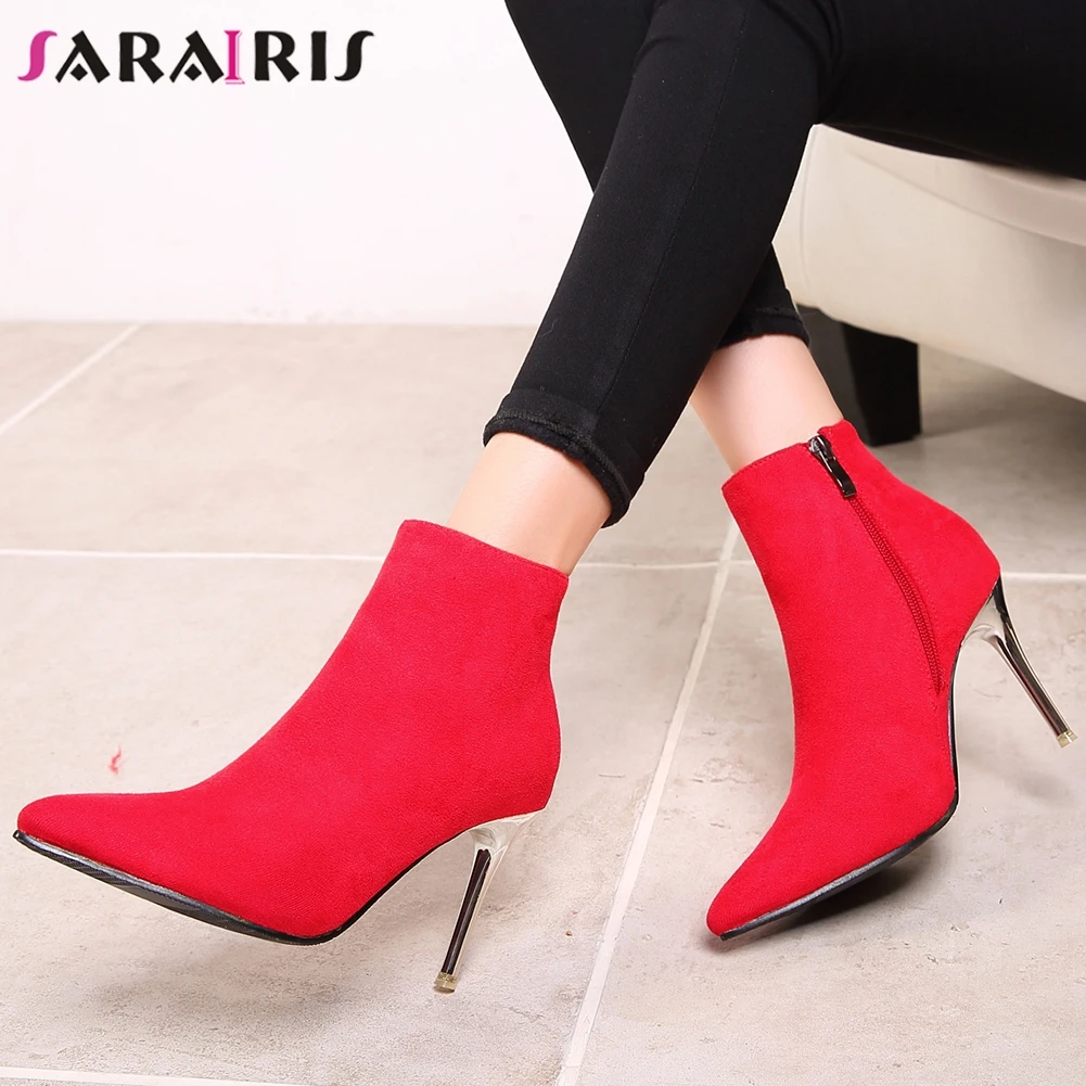 

SARAIRIS 2019 New Arrivals Thin High Heels Shoes Woman Boots Female Zip Up Pointed Toe Black Red Ankle Boots Woman Shoes