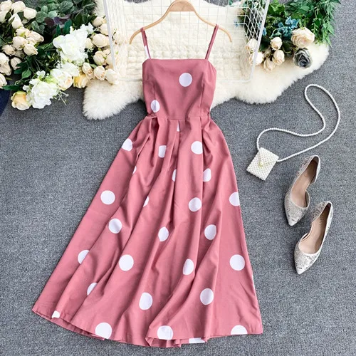 Boho 1950s винтажное Летнее Длинное платье миди в горошек с тонкими бретельками, женское богемное повседневное Ретро пляжное праздничное платье - Цвет: Розовый