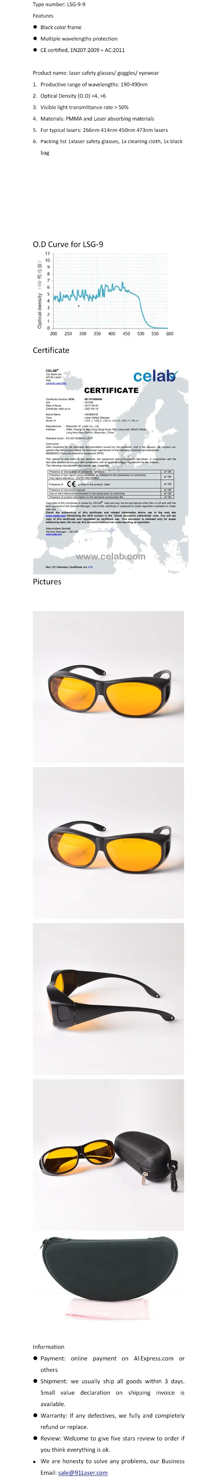 O.D 6+ 4+ Лазерные защитные очки для фиолетовых и синих лазеров с CE266 405 450 473nm лазеров