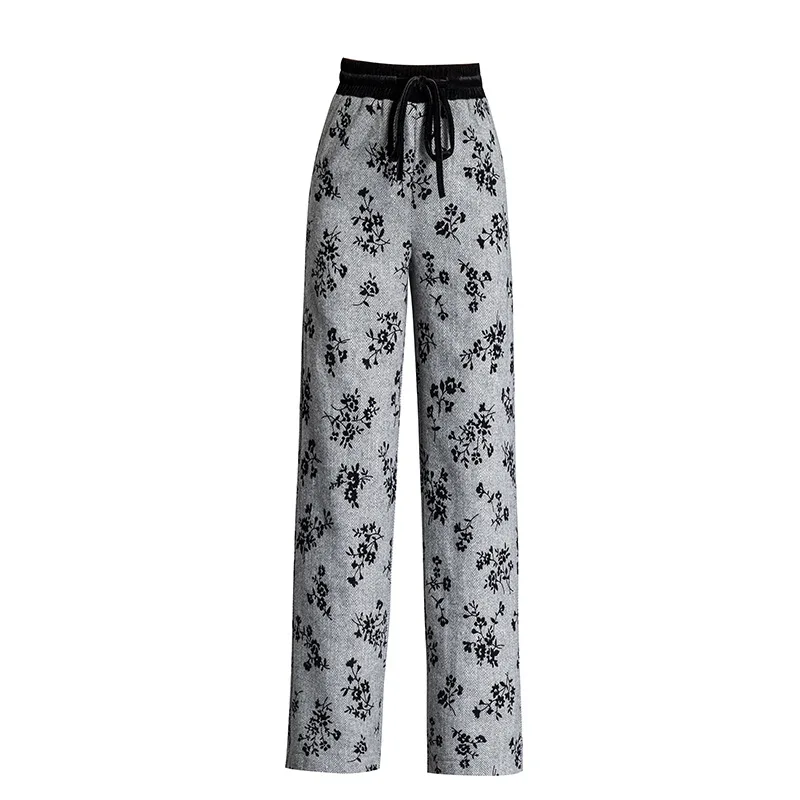 Cordón Pantalones Mezcla Alta Sweatpants Shuchan Con De 2018 Moda Mujer Lana Para Invierno Warmed Gris Cintura Estampado xBwAz