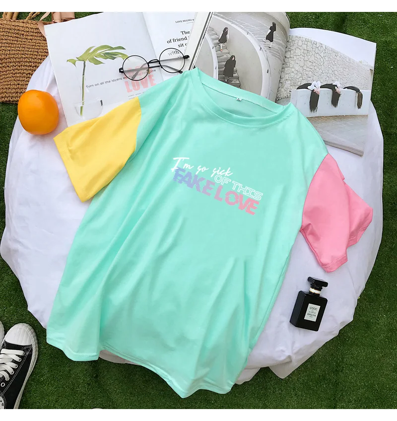 Kpop BTS Bangtan Boys T Shirt Streetwear Harajuku Casual Funny I'm So Sick Of This Fake Love Print Women Cotton Patchwork Tshirt (2)