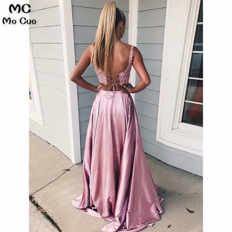 Two Pieces Gown 2019 Pink Evening Dresses Long with Pockets Satin Floor Length Spaghetti Straps Formal Evening Party Dress