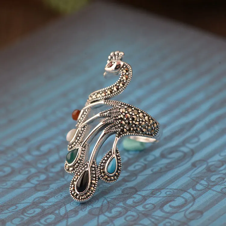 FNJ 925 Серебряное кольцо с павлином, тон, S925 Стерлинговое тайское серебро, кольца для женщин и мужчин, ювелирное изделие, регулируемый размер - Цвет основного камня: colorful ring C