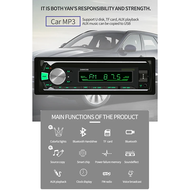 12 В Bluetooth автомобильный Радио плеер стерео Fm Mp3 аудио Usb Sd Mmc Aux Авто Электроника In-Dash Авторадио 1 Din без Cd, 508