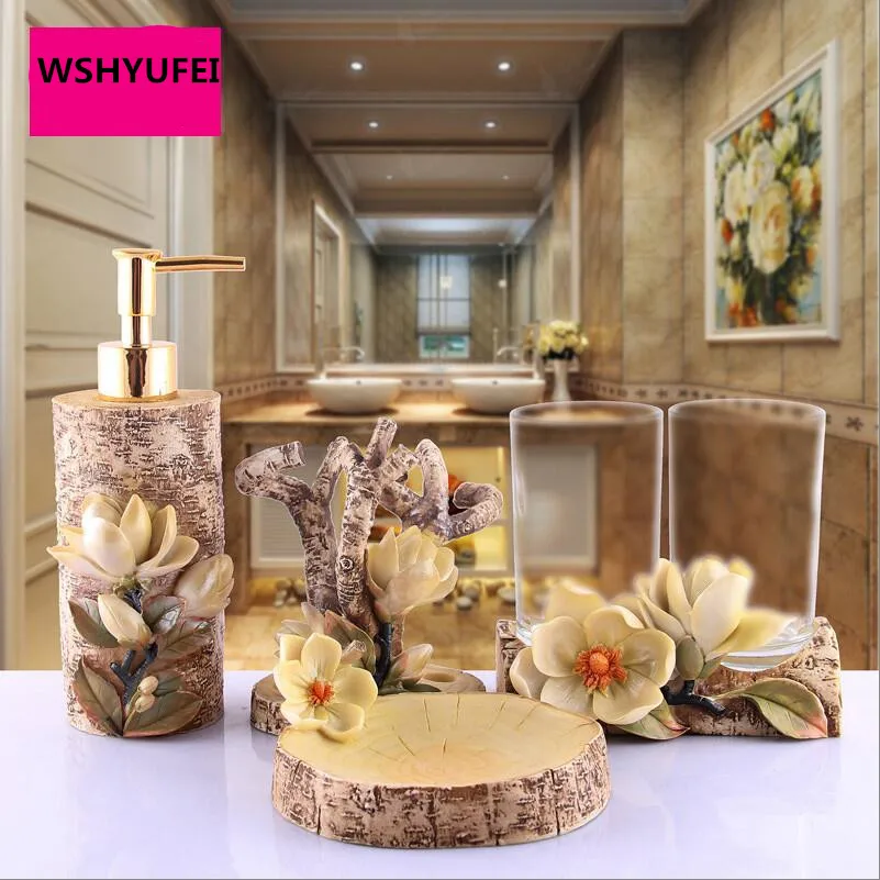 

New 5pcs European Bathroom Set Premium Natural Resin / 1 Emulsion Bottle / 1 Soap Dishes / 2cup/1 toothbrush wedding dress good