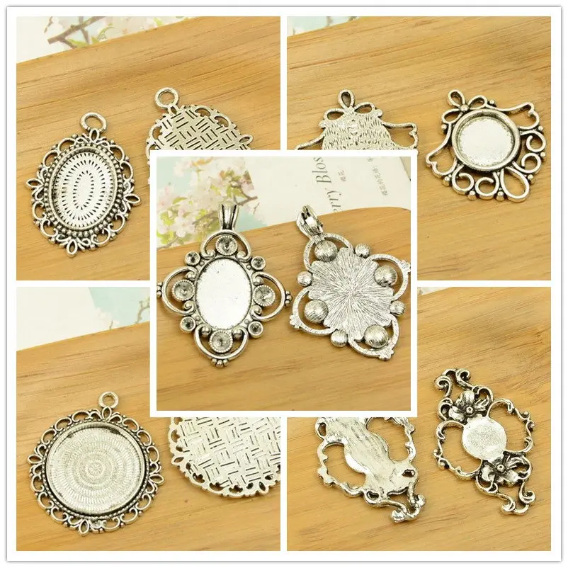 

stone/cabochon/photo base bottom bracket alloy hollow carved out DIY vintage jewelry making accessories findings antique silver