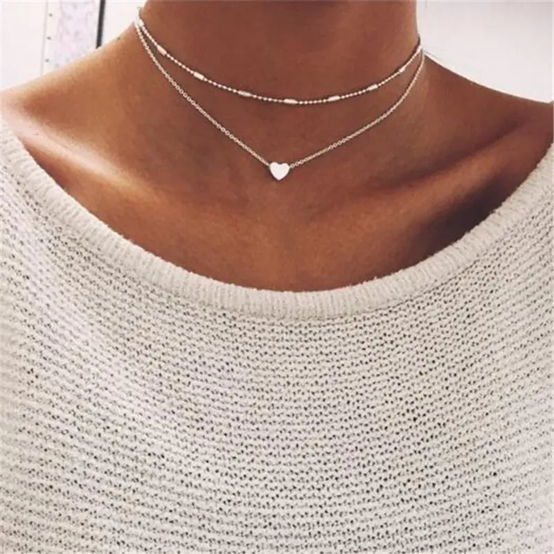 

Simple Bohemia Gold Color Silver heart Bead Multilayer Necklace 2019 Pendant Necklace Gift for Girl Women