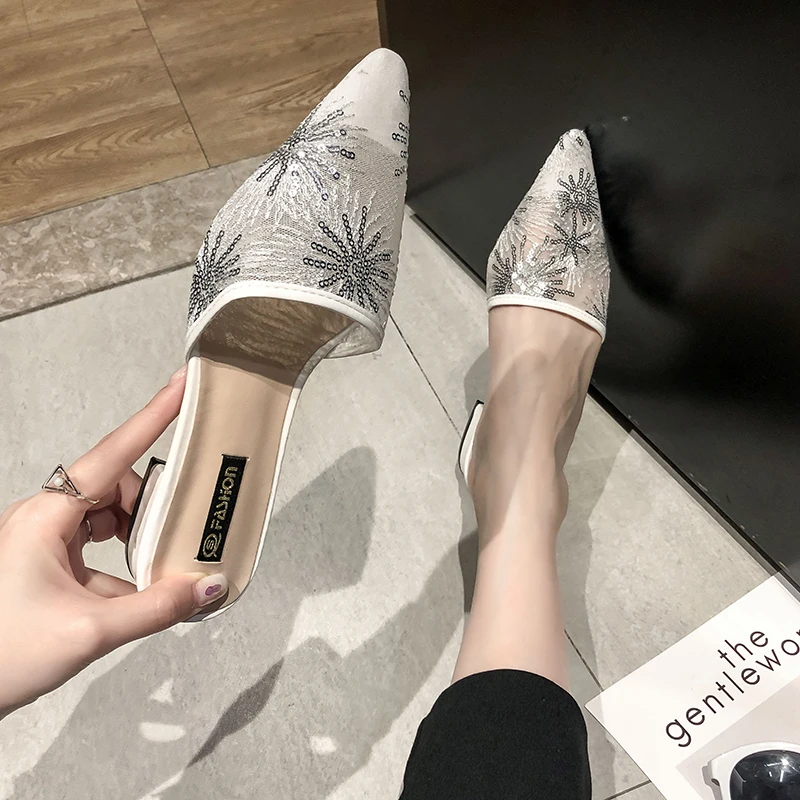 

2019 Women Slippers Mules Shoes Ladies Thin Heel Slides Female Pointed Toe Sequins Mesh Wedding Party Shoes Summer