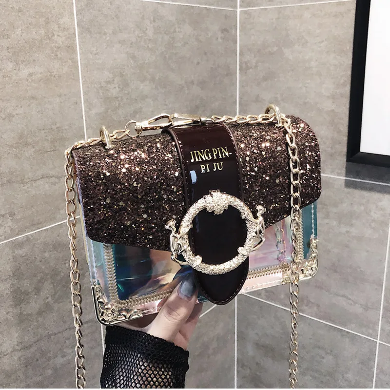 

Transparent Laser Square bag 2019 Fashion New High Quality PVC Women's Designer Handbag Sequin Chain Shoulder Messenger bag C125