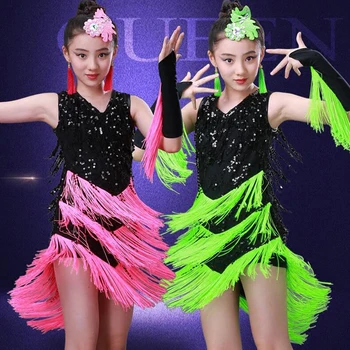 

Girls Latin Dancing Dress Children Ballroom Stage Sequined Jazz Stage Performance Salsa Tassel Dance Dress Competition Costumes