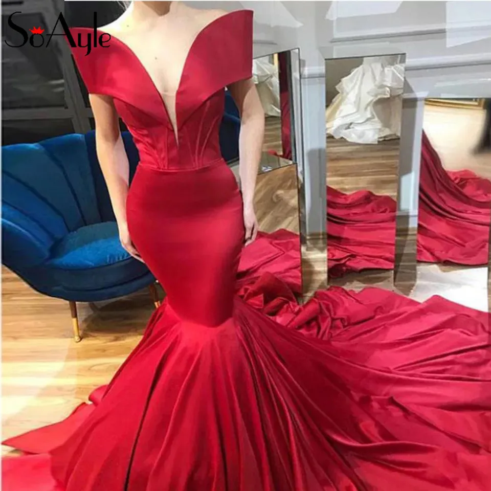 

SoAyle Mermaid 2019 Evening Dresses Burgundy Prom Dresses for Women Off the Shoulder Chapel Train Formal Dresses Vintage Gowns