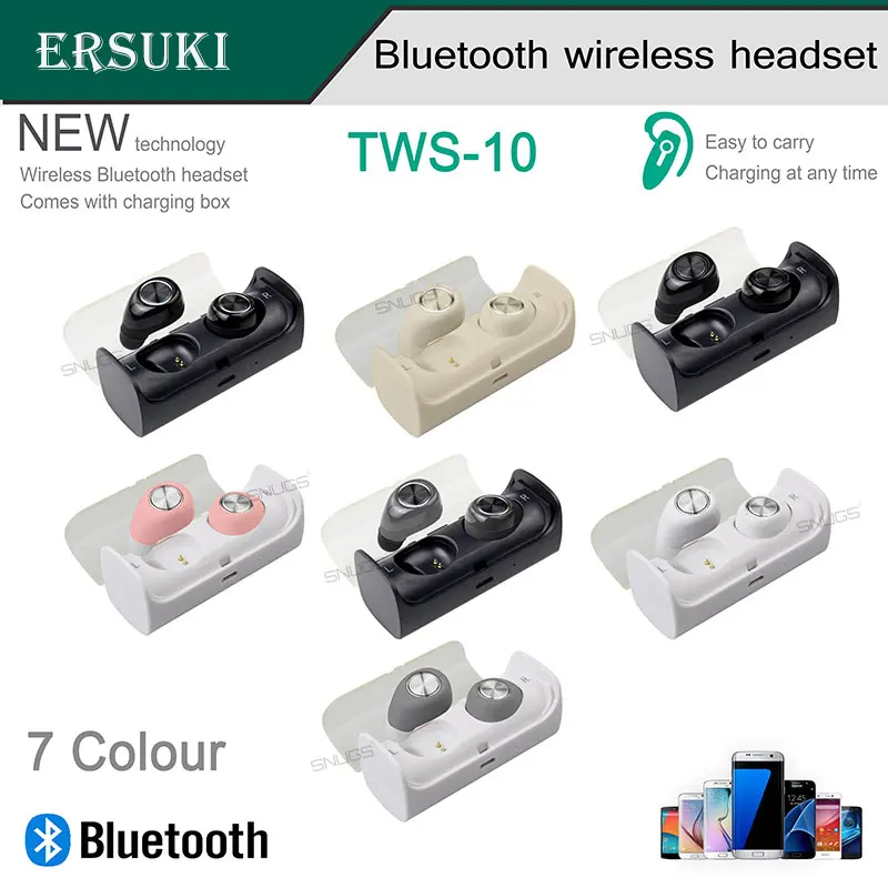 Ersuki двойные Bluetooth наушники TWS10 настоящие беспроводные мини наушники в ухо стерео гарнитура наушники с зарядным гнездом для телефонов