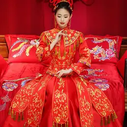 Винтаж Красный вышивки Cheongsam современный Традиционный китайский стиль свадебное платье Oriental Для женщин длинные Qipao Vestidos Размеры S-XXL