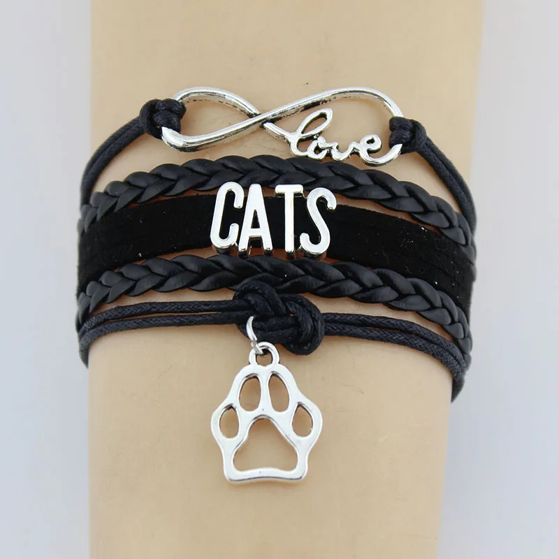 Drop Shipping Infinity Love Cats Bracelet Cat Pet Paw Handmade Leather