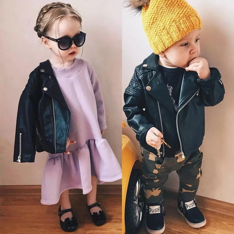 

ZENOBIAPEARL Spring Kids Clothes PU Leather Girls Jackets Children Outwear For Baby Girls Boys Zipper Clothing Coats Costume