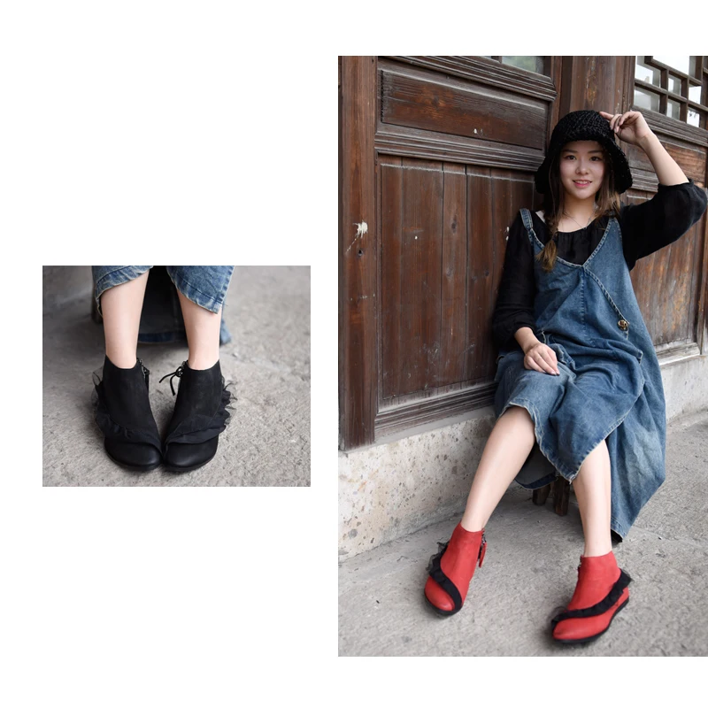 2019 Cuero Black Volantes Nuevo red Plana Zapatos Botas A Grúa Tobillo Artmu Señaló De Mujer Elegante Hecho Genuino Original F60822 Mano FH7qw0xv