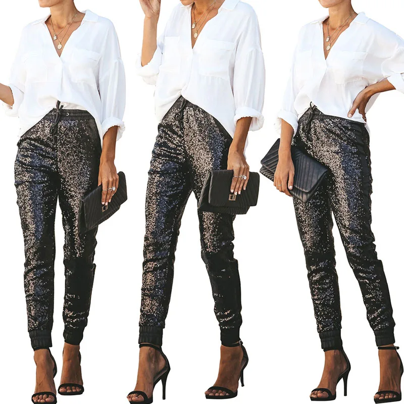 Модные сексуальные блестящие женские облегающие брюки из искусственной кожи с блестками, женские длинные брюки с высокой талией в английском стиле, Повседневные Вечерние брюки-карандаш