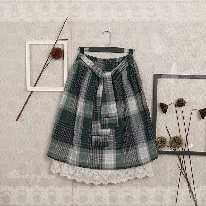 

Japanese Mori Girl Bohemian Vintage Retro Lolita Hippie Boho Kawaii Check Plaid Elastic Waist Cotton Lace Embroidery Women Skirt