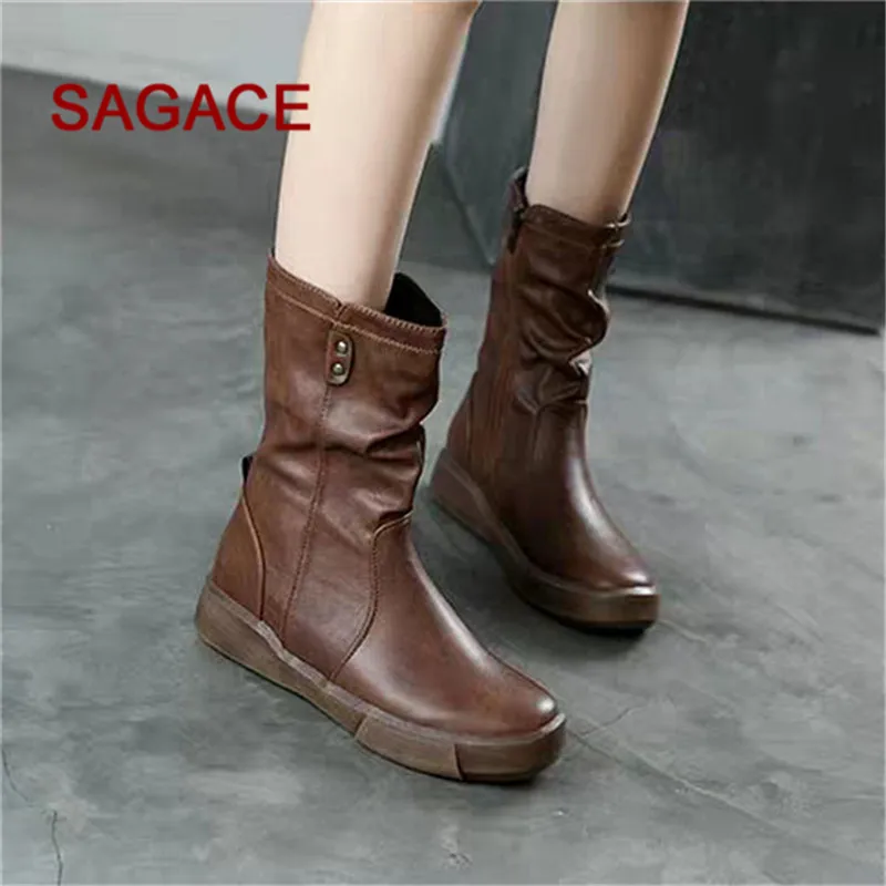 Women Leather Boots Flat Low Zipper Middle Tube Boots Casual Shoes Martin Boots