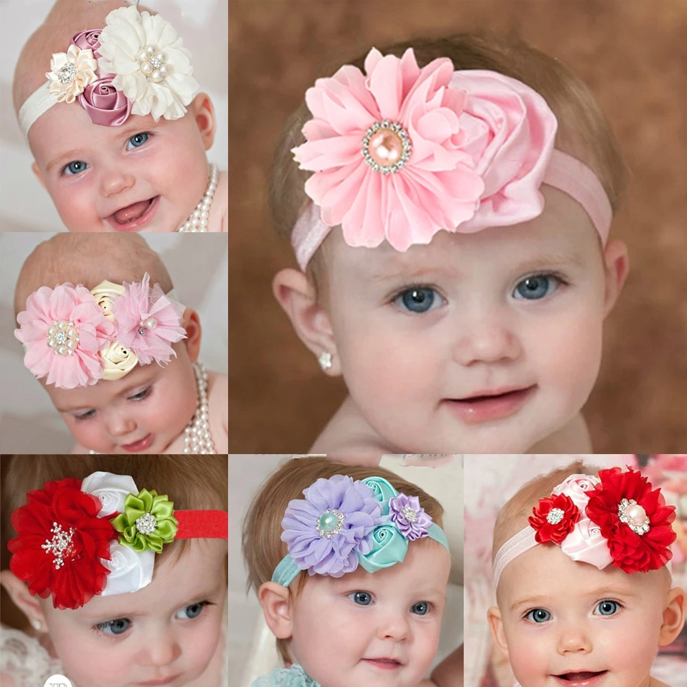6 Color Red Rose Pink White Purple Fabric Flowers Headbands Baby