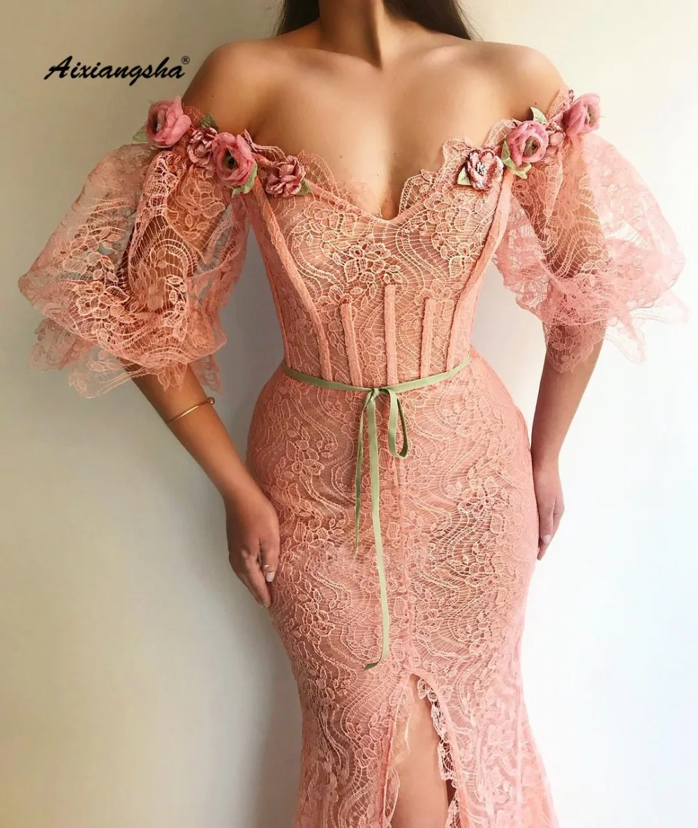 

Muslim Blush Long Evening Dress Off The Shoulder Half-Sleeve 3D Flower Lace Mermaid Evening Dresses Vestido de festa Longo