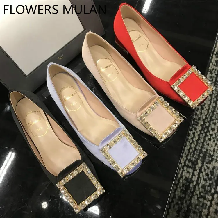 

Luxury Silk Womens Shoes Square Toe Chunky Heels Ladies Pumps Bling Crystal Buckle Girl Mules Bride Zapatos De Mujer Slip On