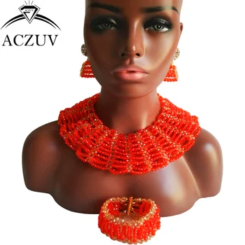 

ACZUV Brand Wedding Red Jewelry Set for Women Costume African Beads Nigerian Necklace and Earrings AS006