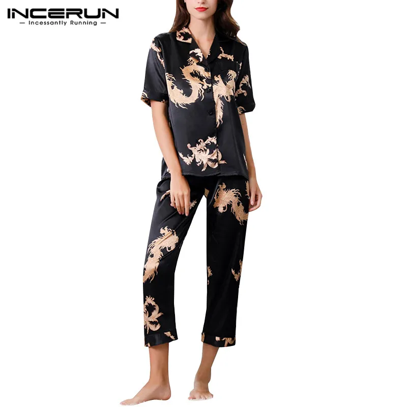INCERUN/Новинка, Мужская короткая ночная рубашка с принтом дракона, удобная модная рубашка, комплект с рукавом на пуговицах, с v-образным вырезом, сексуальные мужские пижамы 5XL