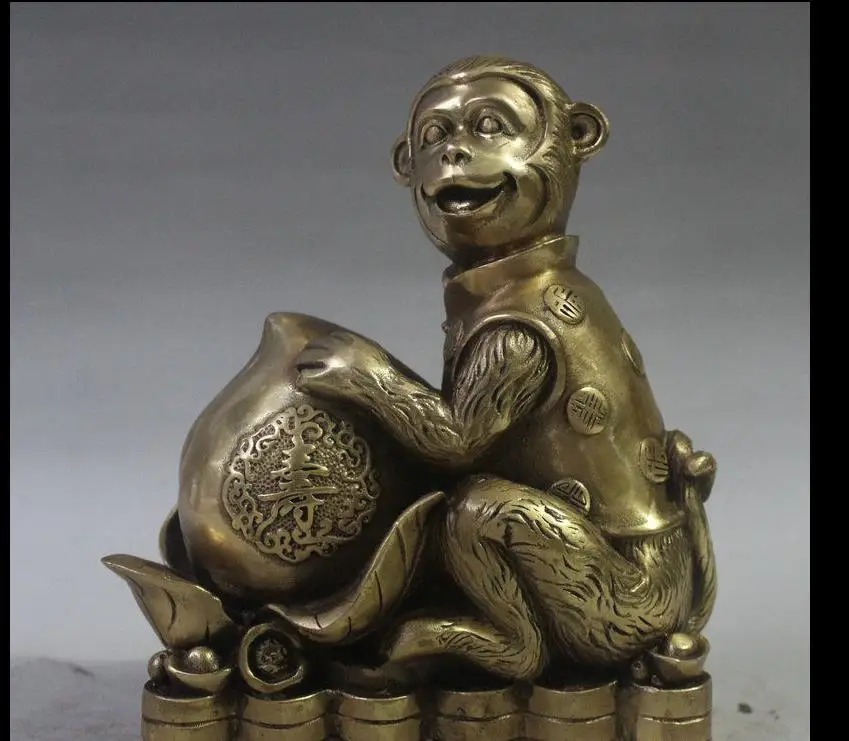 

671115900*++7" Chinese Feng Shui Brass Shou Peach Wealth Zodiac Year Monkey Statue Sculpture